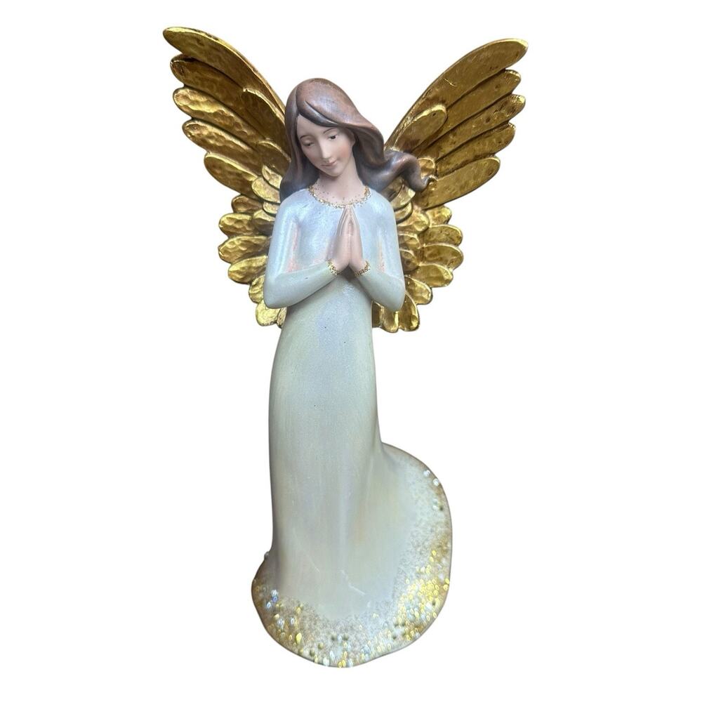 Pearlized White with Gold Wings‎ Praying Angel Figurine Brown Hair 9"